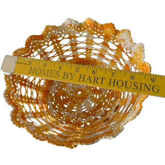 Handmade Crochet & Starched Lace Bowl With Scalloped Edge In Yellow & White - Picture 4 of 5